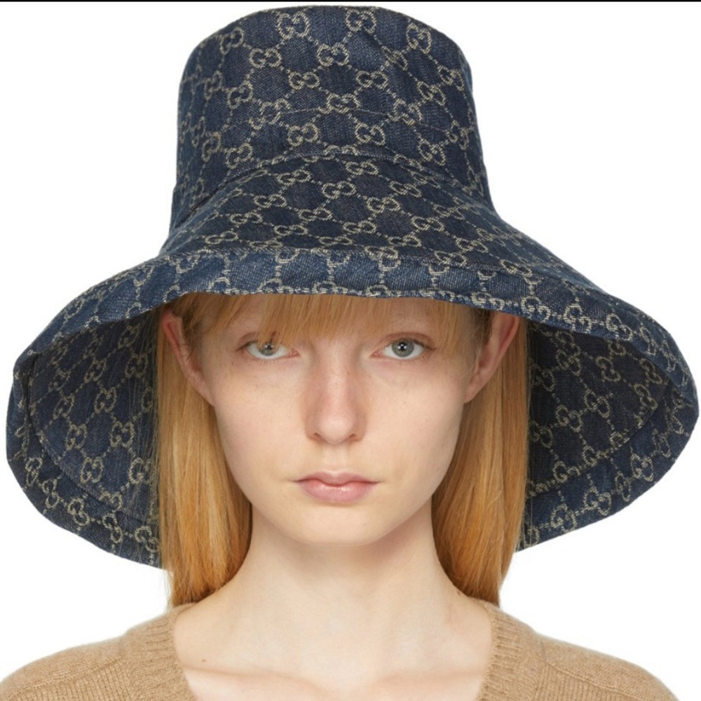 Gucci GG Bucket Hat in Wide Brim Thick Denim Navy Blue Monogram Large - Picture 3 of 16